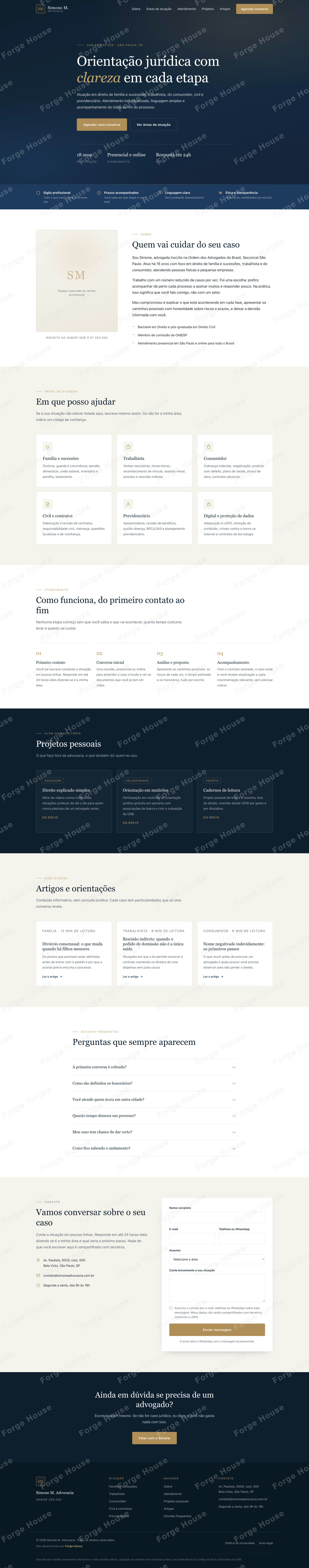 Site da advocacia na versão desktop, do topo ao rodapé